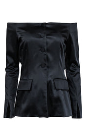 Current Boutique-Amanda Uprichard - Black Satin Off The Shoulder Button front Dress Sz M