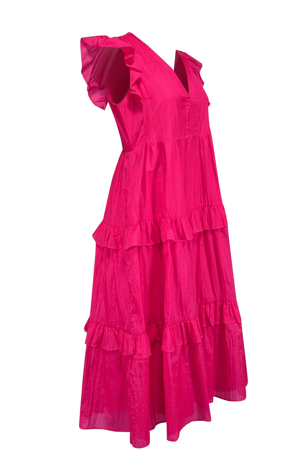 Current Boutique-Amanda Uprichard - Bright Pink Crinkled Satin Ruffled Midi Dress Sz S