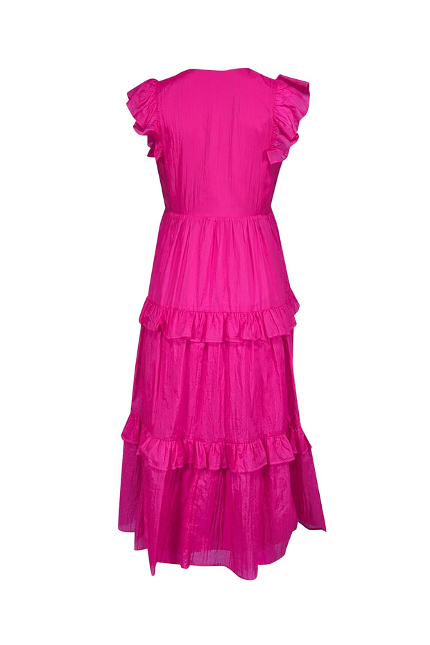 Current Boutique-Amanda Uprichard - Bright Pink Crinkled Satin Ruffled Midi Dress Sz S