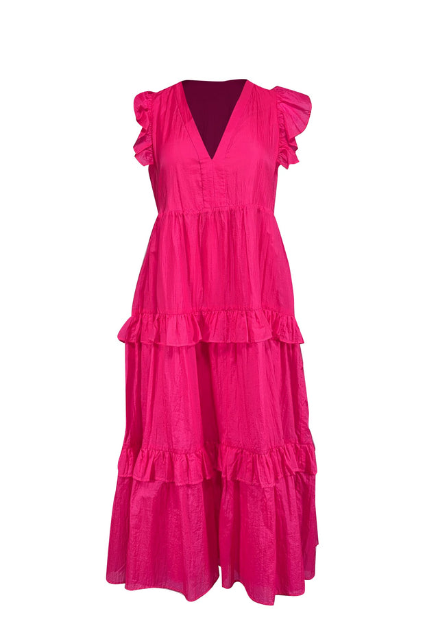 Current Boutique-Amanda Uprichard - Bright Pink Crinkled Satin Ruffled Midi Dress Sz S