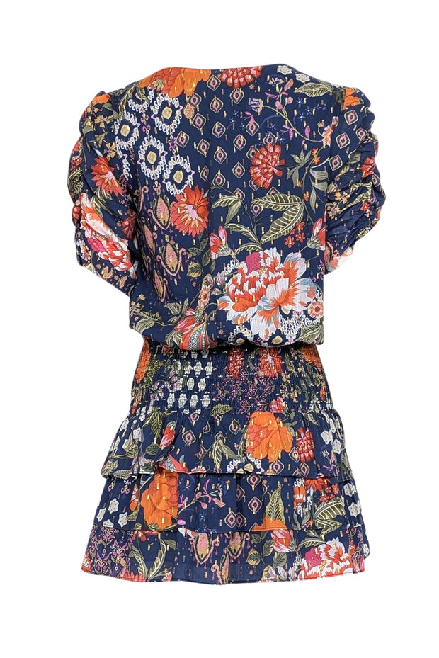 Current Boutique-Amanda Uprichard - Navy & Orange Floral Print Smocked Waist Dress Sz S