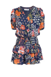 Current Boutique-Amanda Uprichard - Navy & Orange Floral Print Smocked Waist Dress Sz S