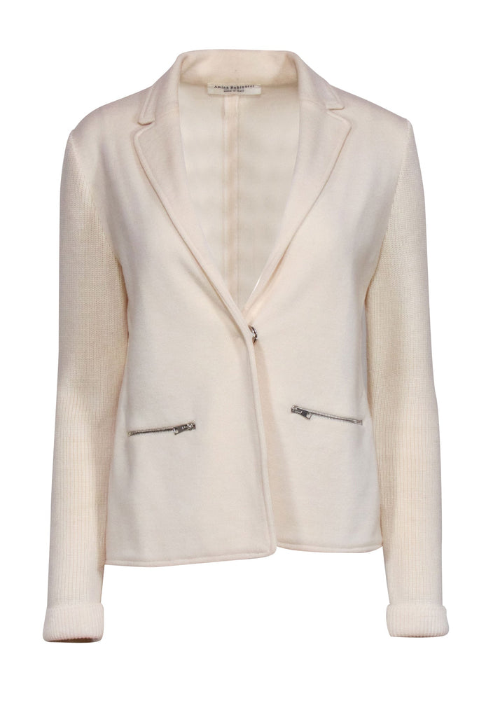 Amina Rubinacci Cream Wool Knit Blazer Sz M Current Boutique