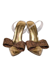 Current Boutique-Aminah Abdul Jillil - Transparent "Aloral" Strappy Pumps w/ Gold Rhinestone Bow Sz 7