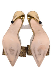 Current Boutique-Aminah Abdul Jillil - Transparent "Aloral" Strappy Pumps w/ Gold Rhinestone Bow Sz 7