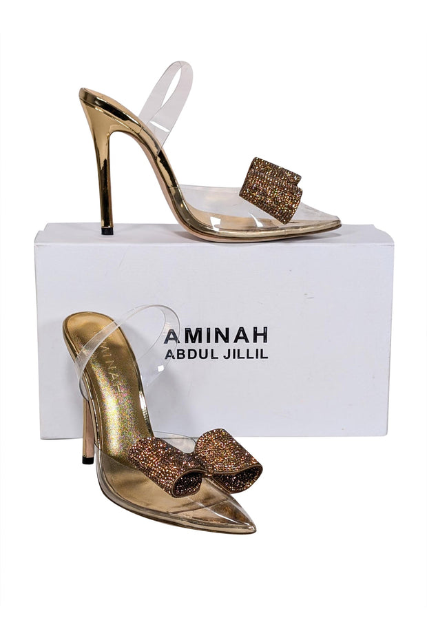 Current Boutique-Aminah Abdul Jillil - Transparent "Aloral" Strappy Pumps w/ Gold Rhinestone Bow Sz 7