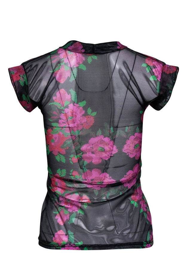 Current Boutique-Amir Slama - Black & Multi Color Sheer Mesh Floral Print Shirt Sz L