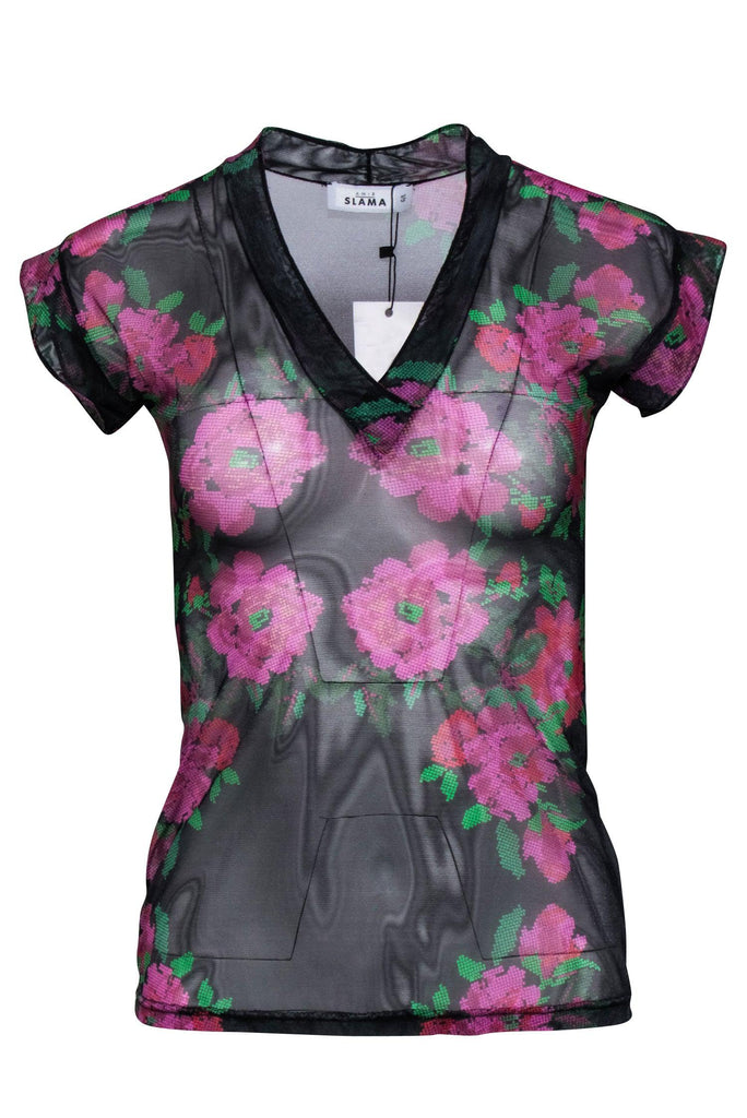 Amir Slama - Black & Multi Color Sheer Mesh Floral Print Shirt Sz L