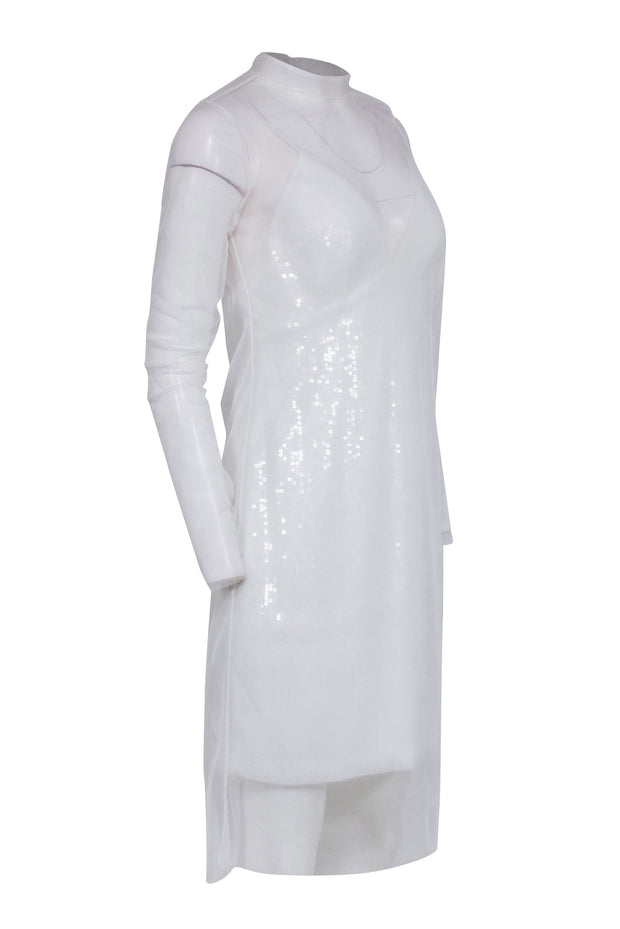 Amsale - White Sequin Mini Dress w/ Sheer Overlay Detail Sz 6