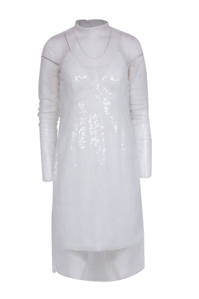 Current Boutique-Amsale - White Sequin Mini Dress w/ Sheer Overlay Detail Sz 6