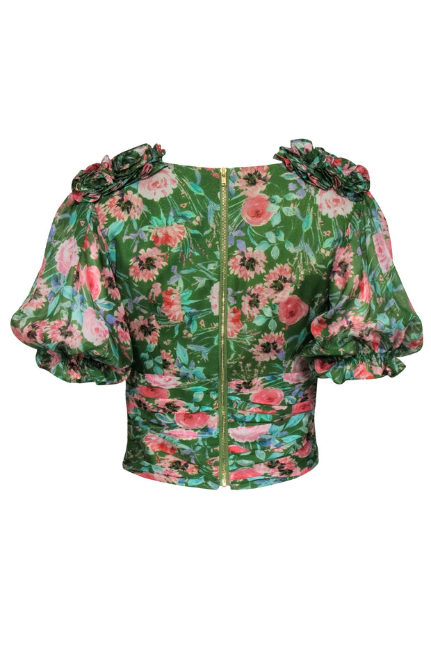 Current Boutique-Amur - Green & Pink Floral Ruched Short Sleeve Top Sz S