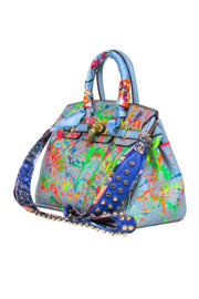Current Boutique-Anca Barbu - Blue Pebbled Satchel Bag w/ Paint Splatter Detail
