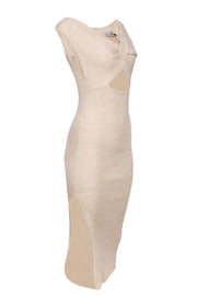 Current Boutique-Anna Quan - Beige Ribbed Knit Dress w/ Twisted Asymmetric Neckline Sz 4