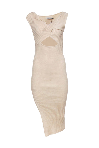 Current Boutique-Anna Quan - Beige Ribbed Knit Dress w/ Twisted Asymmetric Neckline Sz 4