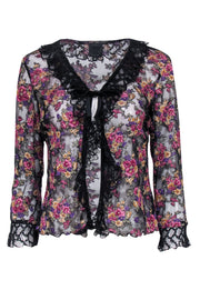 Current Boutique-Anna Sui - Black w/ Pink & Purple Floral Print Mesh Blouse w/ Lace Trim Sz 8
