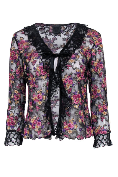 Current Boutique-Anna Sui - Black w/ Pink & Purple Floral Print Mesh Blouse w/ Lace Trim Sz 8
