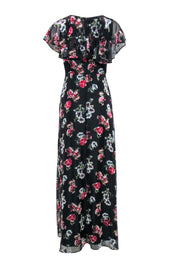 Current Boutique-Anna Sui - Black w/ Pink Velvet Floral Print Formal Dress Sz 6