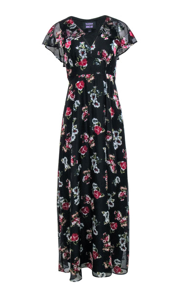Current Boutique-Anna Sui - Black w/ Pink Velvet Floral Print Formal Dress Sz 6