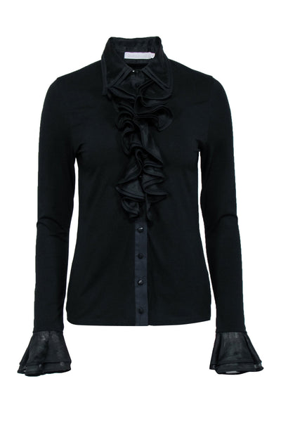 Current Boutique-Anne Fontaine - Black Double Ruffle Button-Up Blouse Sz 4