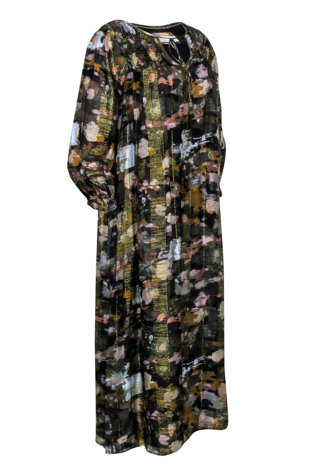Current Boutique-Anthropologie - Brown & Gold Metallic Thread Dress w/ Multi-Color Print Sz S