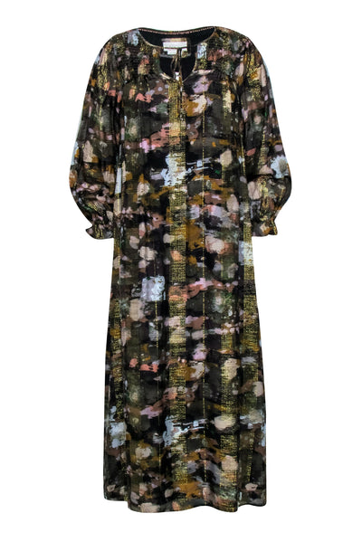 Current Boutique-Anthropologie - Brown & Gold Metallic Thread Dress w/ Multi-Color Print Sz S