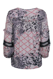 Current Boutique-Anthropologie - Grey & Red Multi Print Semi Sheer Long Sleeve Shirt Sz S