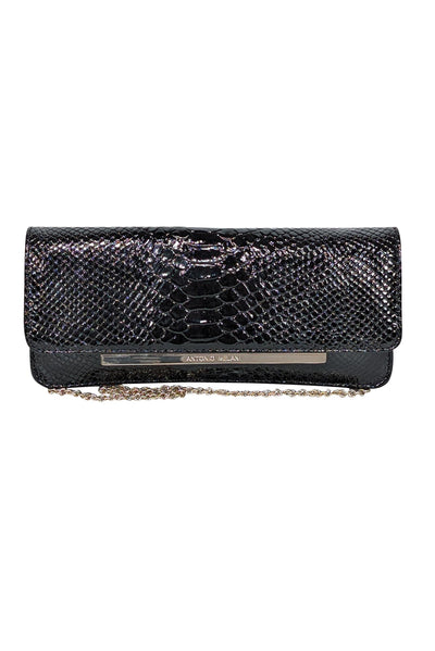 Current Boutique-Antonio Melani - Black Patent Croc Embossed Shoulder Bag with Chain Strap