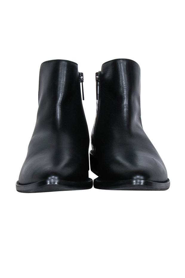 Current Boutique-Aquatalia - Black Leather Pointed-Toe Short Boots w/ Croc Embossing Sz 8.5