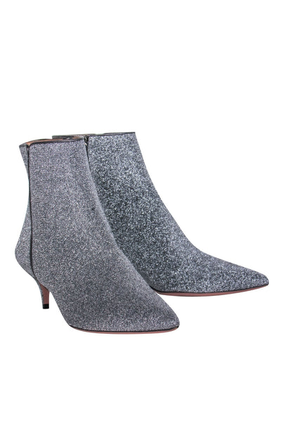 Current Boutique-Aquazurra - Silver Sparkly Pointed Toe Kitten Heel Booties Sz 8.5