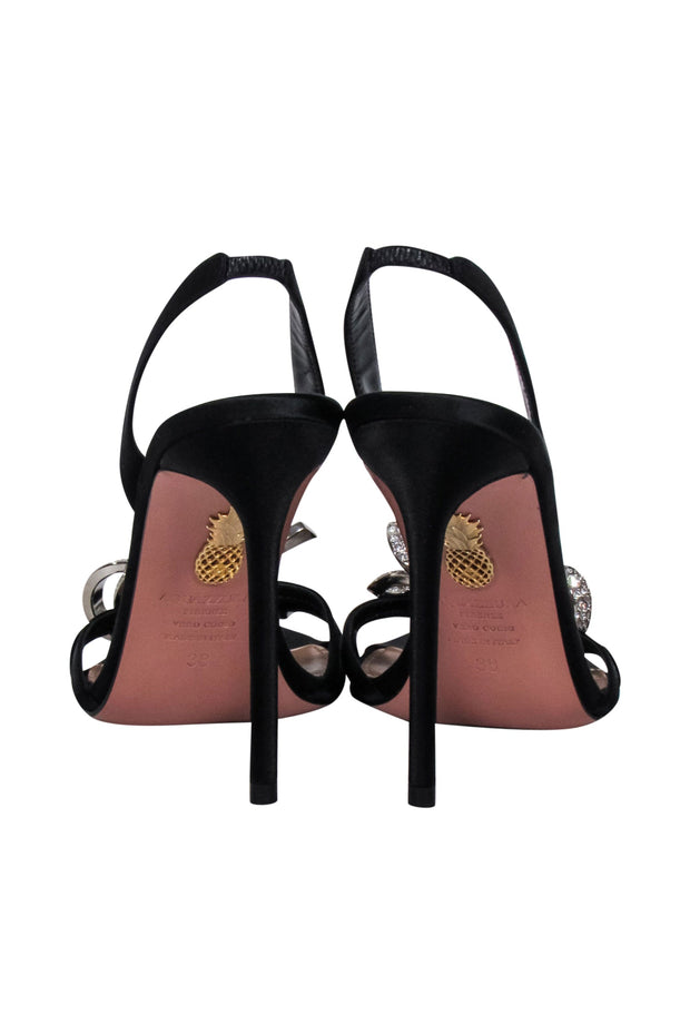 Current Boutique-Aquazzura - Black Satin Heeled "Babe" Sandal w/ Embellished Bow Sz 8