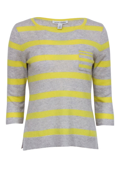 Current Boutique-Autumn Cashmere - Grey & Yellow Striped Cashmere Sweater Sz M