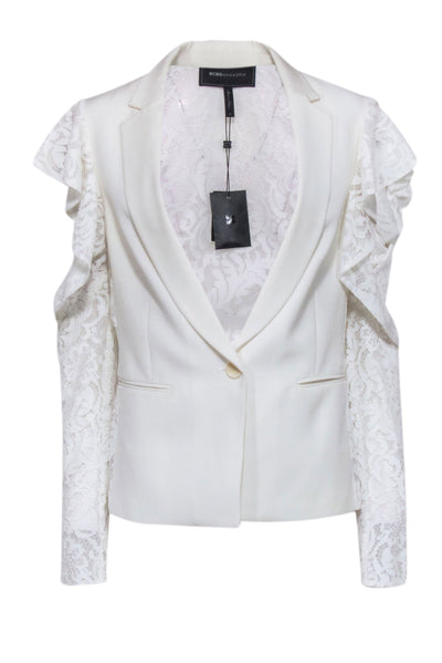 Current Boutique-BCBG Max Azaria - Ivory Blazer w/ Ruffled Cold Shoulder Lace Sleeves Sz S