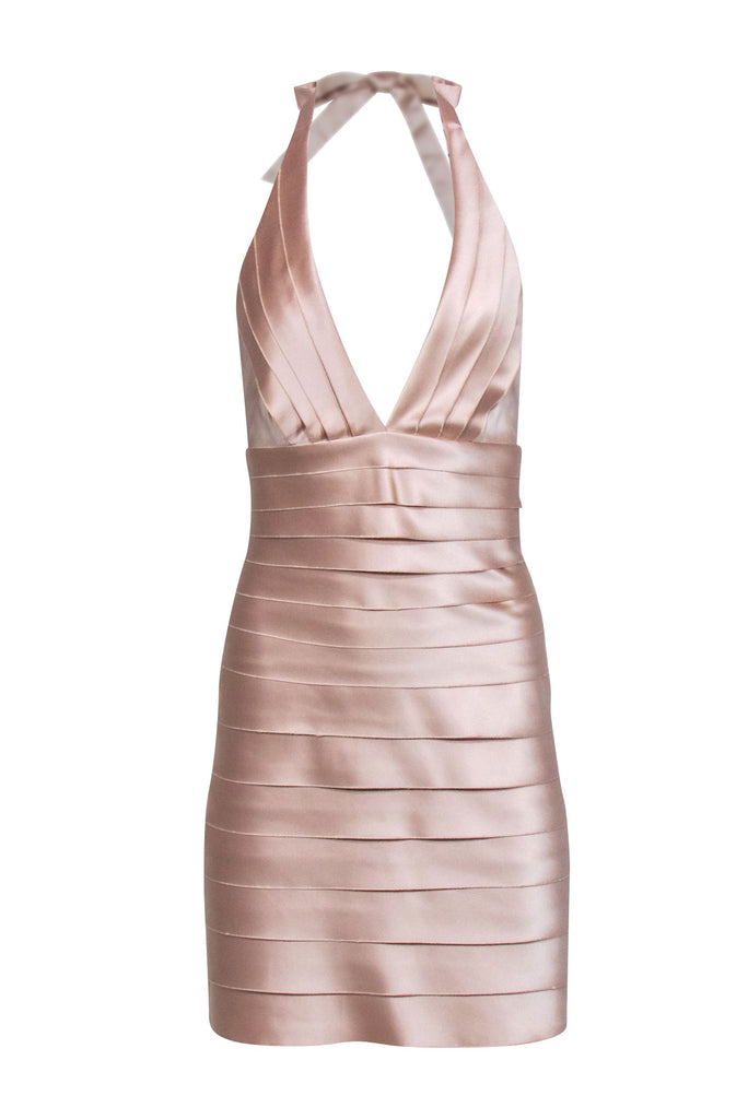 BCBG Max Azria Beige Champagne Tiered Halter Mini Dress Sz 2