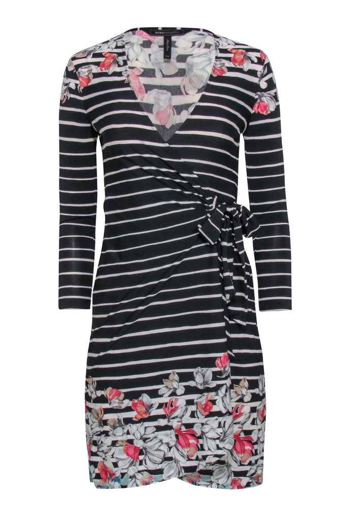 BCBG Max Azria Black Cream Stripe Dress w Floral Print Sz XXS