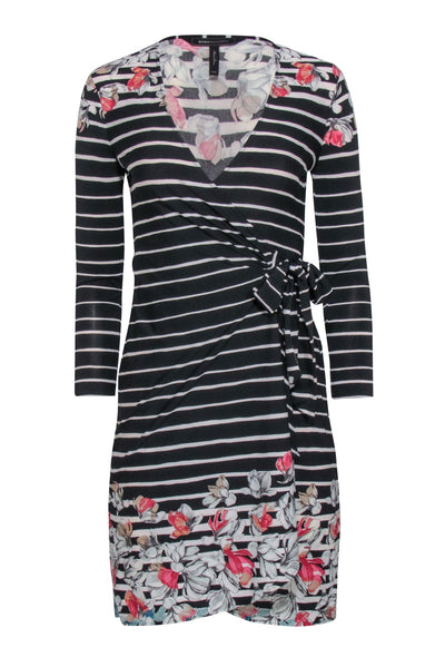 Current Boutique-BCBG Max Azria - Black & Cream Stripe Dress w/ Floral Print Sz XXS