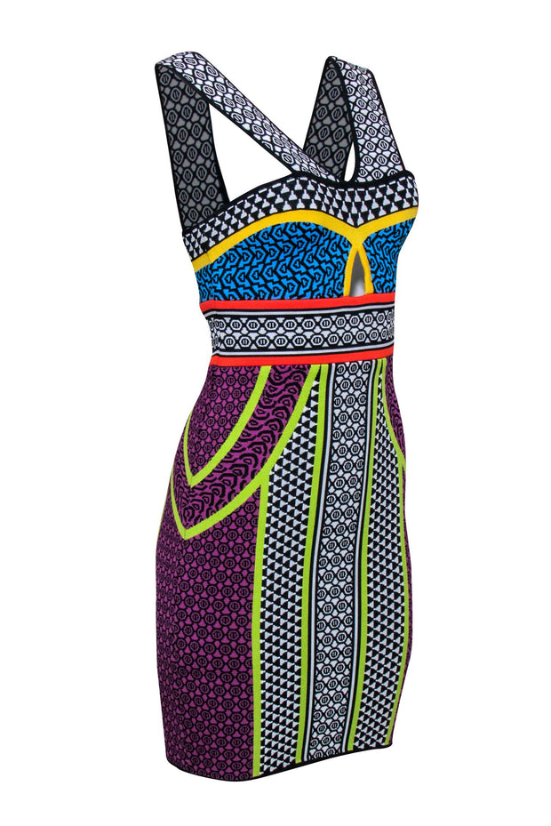 Current Boutique-BCBG Max Azria - Black & Multi Color Print Bodycon Dress Sz S
