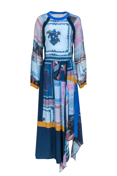 Current Boutique-BCBG Max Azria - Blue Silk Multi Print Maxi Dress w/ Hi-Low Hem Sz XXS