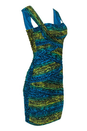 Current Boutique-BCBG Max Azria - Blue, Turqouise, & Yellow Snakeskin Print Ruched Mesh Dress Sz S