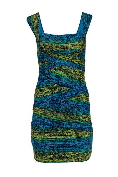 BCBG Max Azria - Blue, Turqouise, & Yellow Snakeskin Print Ruched Mesh Dress Sz S