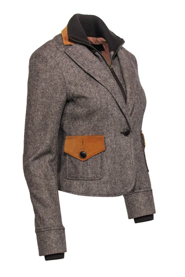 Current Boutique-BCBG Max Azria - Brown Tweed Double Collar Jacket w/ Elbow Patches Sz S