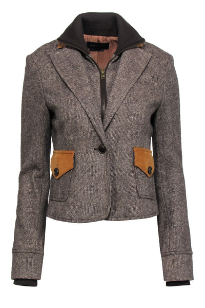 Current Boutique-BCBG Max Azria - Brown Tweed Double Collar Jacket w/ Elbow Patches Sz S