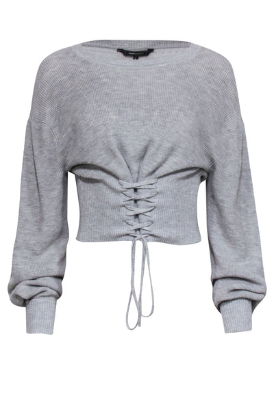 Current Boutique-BCBG Max Azria - Light Heather Grey Lace-Up Sweater Sz S