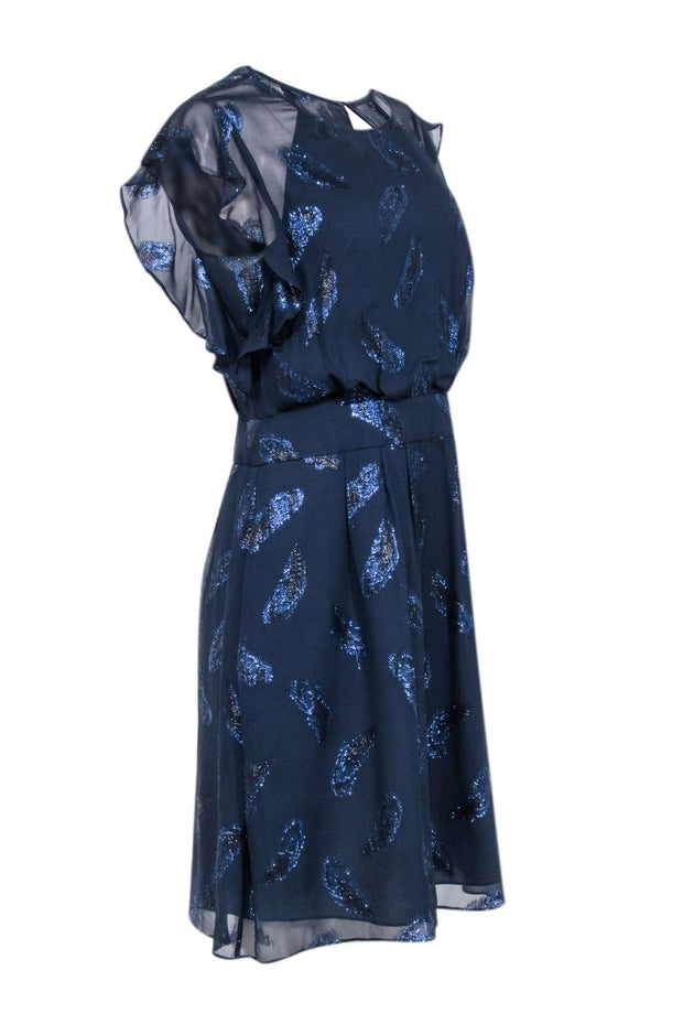 Current Boutique-BCBG Max Azria - Navy Blue Flutter Sleeve Dress w/ Metallic Feather Print Sz 8