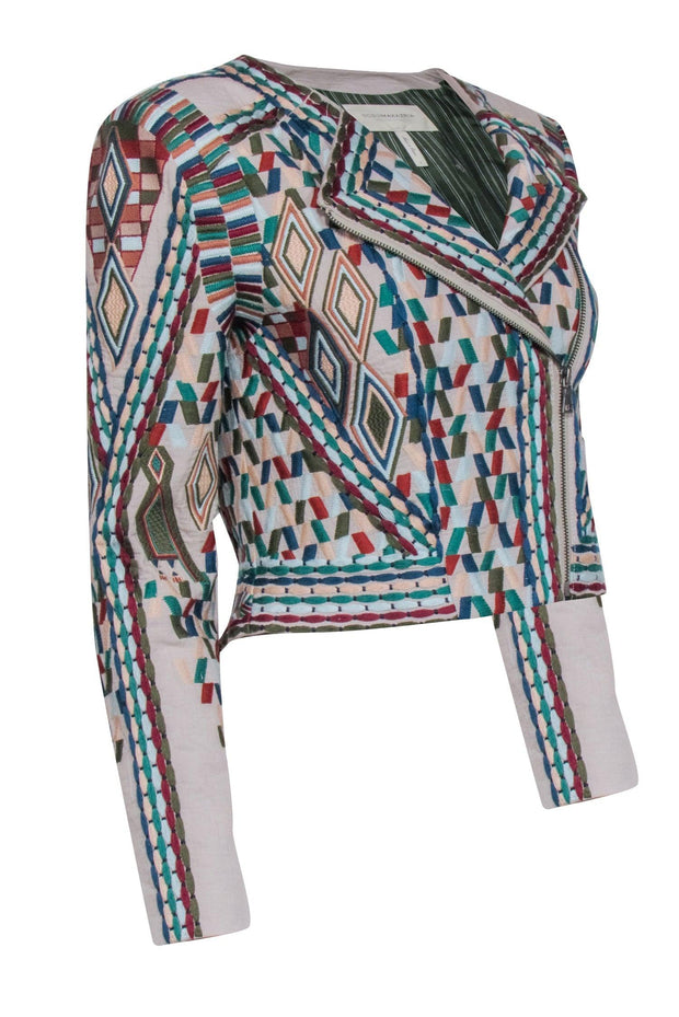 Current Boutique-BCBG Max Azria Runway- Blush w/ Multi Color Embroidered Moto Zip Jacket Sz S