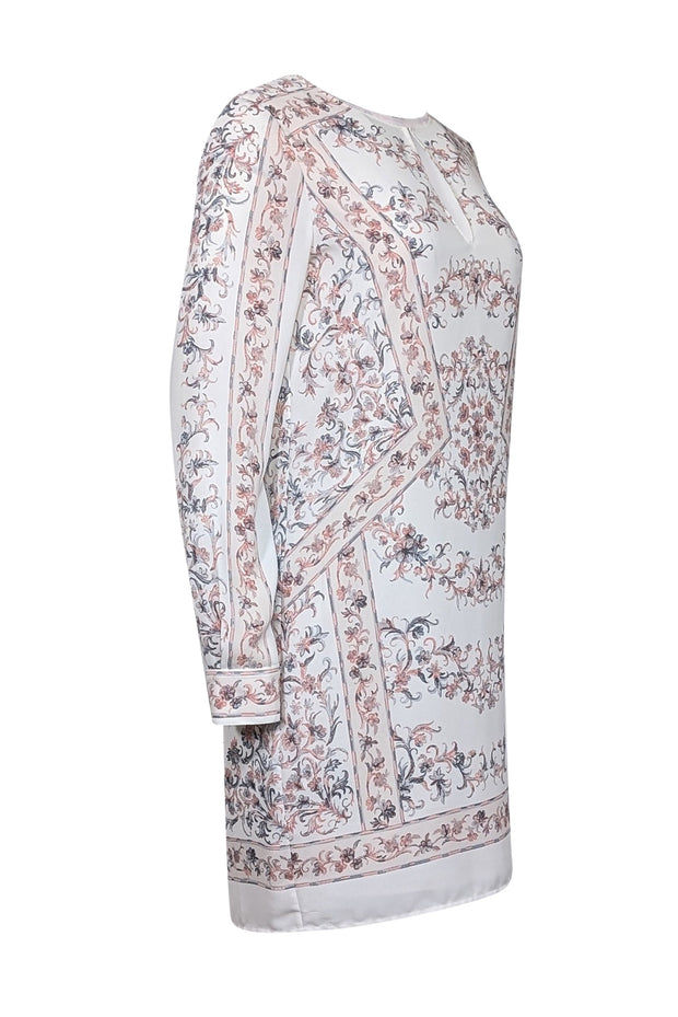 Current Boutique-BCBG Max Azria - White Long Sleeve w/ Pink & Grey Floral Print Dress Sz S