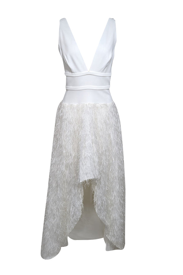 Current Boutique-BCBG Max Azria - White Sleeveless w/ Metallic Fringe High Low Formal Dress Sz 8