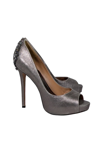 Current Boutique-Badgley Mischka - Dark Silver Peep Toe Embellished Heels Sz 9