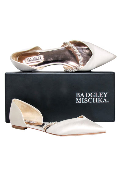 Current Boutique-Badgley Mischka - Ivory Satin Embellished Strap Flats Sz 9.5