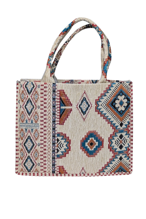 Current Boutique-Baggyz - Cream, Teal, Red, & Orange Print Tapestry Tote