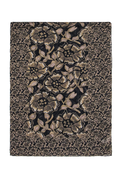 Current Boutique-Bally - Grey, Tan & Black Silk Floral Print Long Scarf